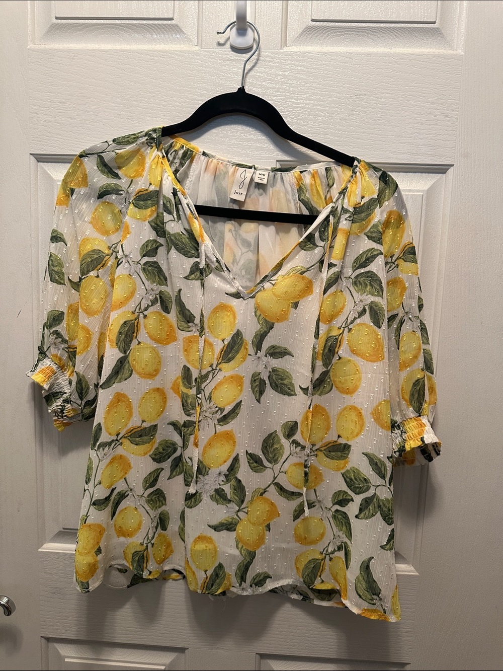 Joie White Lemon-Print Peasant Blouse Italy Vacation Cruise Size Medium